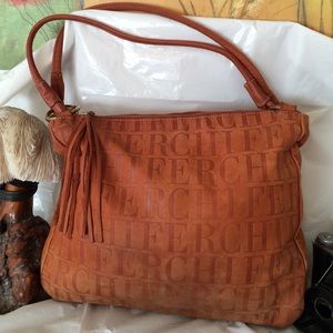 FERCHI Embossed Brown Leather Shoulder Bag